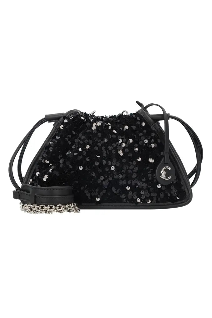 Coccinelle Sequin Trapeze Drawstring Crossbody Bag - Black