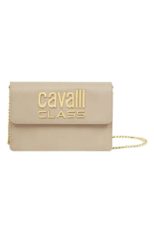 Cavalli Class Flap Metal Text Logo Crossbody Bag - Beige
