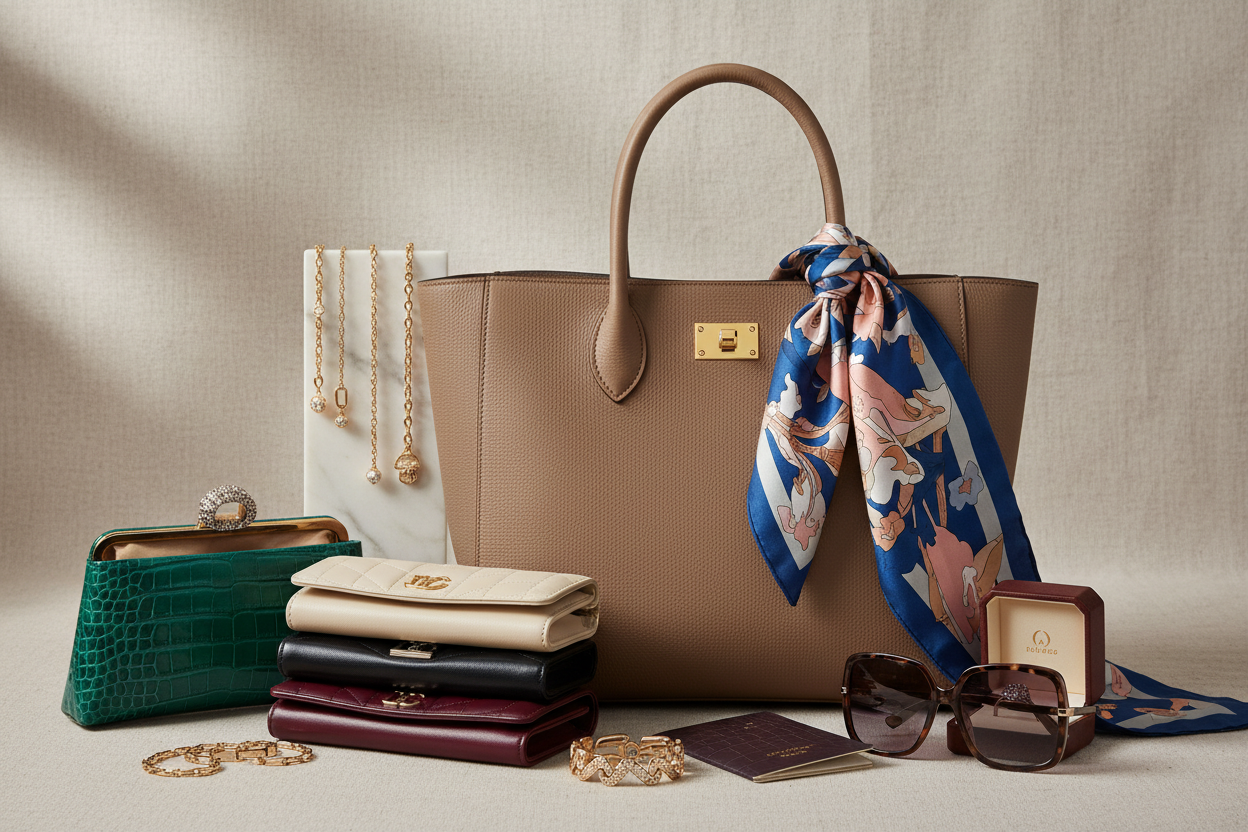 hi-res image of a curated collection of high end luxury bags and and accessories